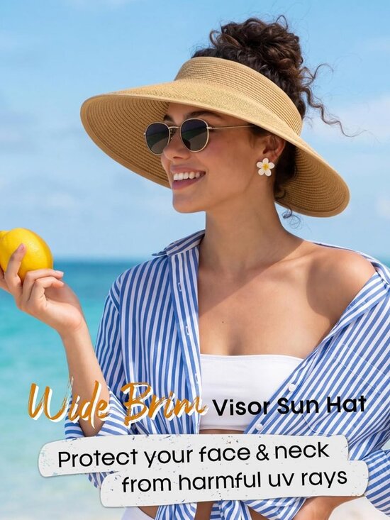 Wide Brim Ponytail Straw Visor Hat | UV Protection, Adjustable, Foldable Beach